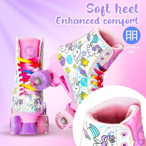 زلاجات دوارة SULIFEEL Rainbow Unicorn للفتيات بعجلات مضيئة للأطفال زلاجات رباعية مع طبقة علوية عاكسة من جلد البولي يوريثان الحراري وقوس قزح وحيد القرن in Kuwait