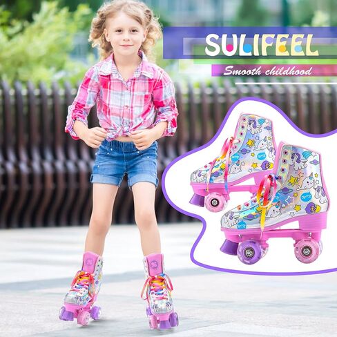 زلاجات دوارة SULIFEEL Rainbow Unicorn للفتيات بعجلات مضيئة للأطفال زلاجات رباعية مع طبقة علوية عاكسة من جلد البولي يوريثان الحراري وقوس قزح وحيد القرن in Kuwait