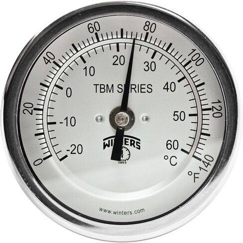 مقياس حرارة ثنائي المعدن من سلسلة Winters TBM من الفولاذ المقاوم للصدأ 304، ساق 4 بوصة، وصلة تثبيت مركزية ثابتة 1/2 بوصة NPT، قرص 3 بوصة، نطاق 0-250 فهرنهايت in Kuwait