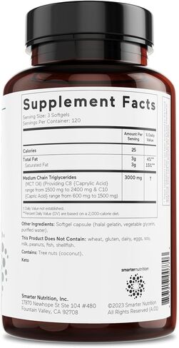 Smarter Nutrition MCT Oil Capsules from Coconuts - Keto Friendly - Fatty Acids C8 and C10 for Weight Goals, Body and Brain Fuel - Gluten-Free, Non-GMO, No Palm Oil (90 Count (Pack of 1)) in Saudi Arabia