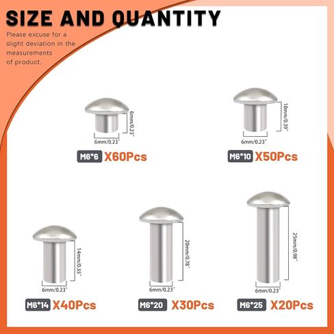 200Pcs M6 Solid Aluminum Brazier Head Rivets, 6mm 10mm 14mm 20mm 25mm Length Solid Aluminum Rivets for Machinery Automobile Industry in Saudi Arabia