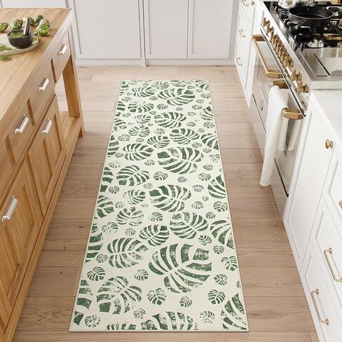 Lahome Botanical Boho Runner Rug, Soft Green Kitchen Runner Rugs Non Skid, Washable Leaf Carpet Runner for Hallway 8ft, Non Shedding Modern Rug for Entryway Porch (2'5''x8', Green) in Saudi Arabia