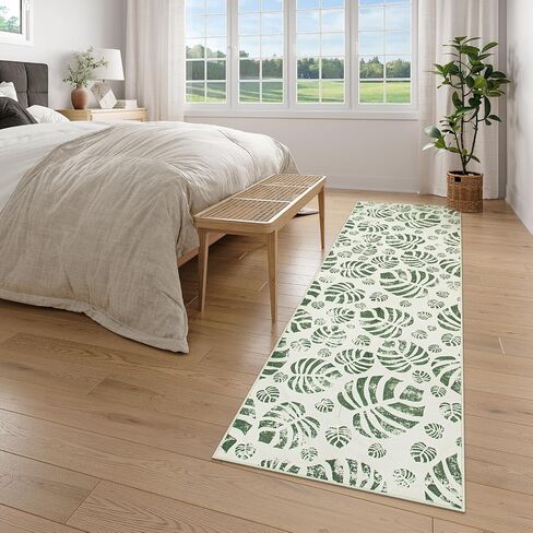 Lahome Botanical Boho Runner Rug, Soft Green Kitchen Runner Rugs Non Skid, Washable Leaf Carpet Runner for Hallway 8ft, Non Shedding Modern Rug for Entryway Porch (2'5''x8', Green) in Saudi Arabia