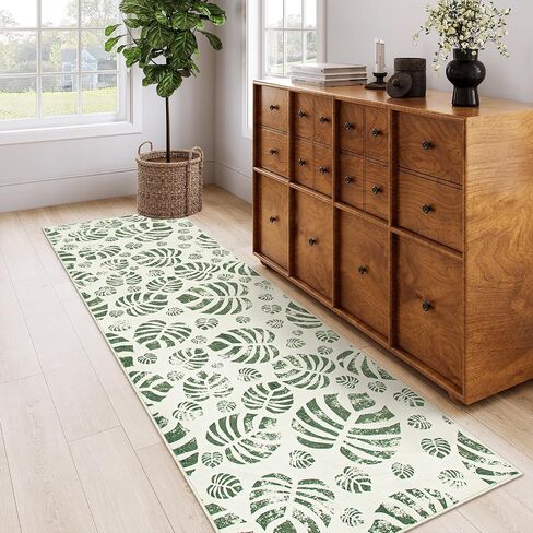 Lahome Botanical Boho Runner Rug, Soft Green Kitchen Runner Rugs Non Skid, Washable Leaf Carpet Runner for Hallway 8ft, Non Shedding Modern Rug for Entryway Porch (2'5''x8', Green) in Saudi Arabia