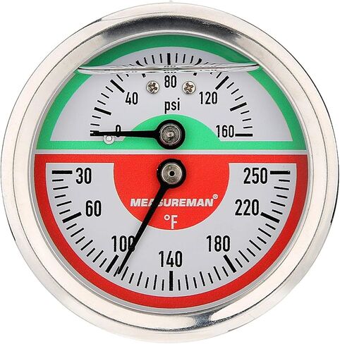 MEASUREMAN Tridicator، مقياس الضغط الحراري، 2-1/2 بوصة، مملوء بزيت السيليكون، 0-160 رطل لكل بوصة مربعة/30-250 درجة فهرنهايت، علبة من الفولاذ المقاوم للصدأ، مقياس ضغط منخفض للتركيب 1/4 بوصة NPT in Kuwait