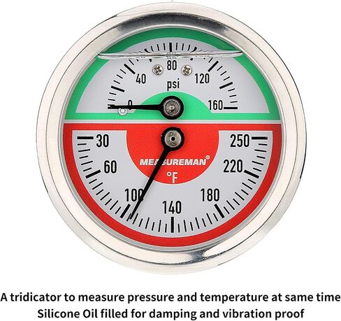 MEASUREMAN Tridicator، مقياس الضغط الحراري، 2-1/2 بوصة، مملوء بزيت السيليكون، 0-160 رطل لكل بوصة مربعة/30-250 درجة فهرنهايت، علبة من الفولاذ المقاوم للصدأ، مقياس ضغط منخفض للتركيب 1/4 بوصة NPT in Kuwait