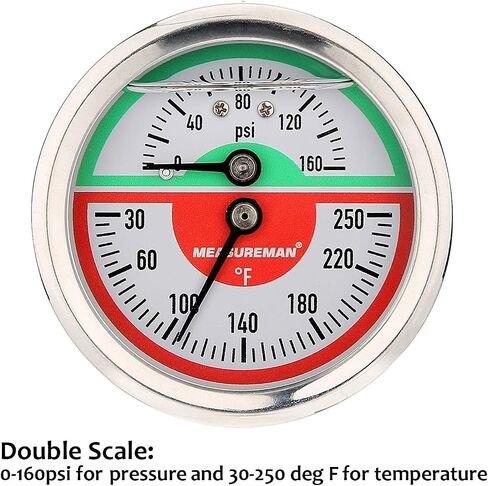 MEASUREMAN Tridicator، مقياس الضغط الحراري، 2-1/2 بوصة، مملوء بزيت السيليكون، 0-160 رطل لكل بوصة مربعة/30-250 درجة فهرنهايت، علبة من الفولاذ المقاوم للصدأ، مقياس ضغط منخفض للتركيب 1/4 بوصة NPT in Kuwait