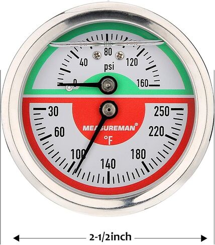 MEASUREMAN Tridicator، مقياس الضغط الحراري، 2-1/2 بوصة، مملوء بزيت السيليكون، 0-160 رطل لكل بوصة مربعة/30-250 درجة فهرنهايت، علبة من الفولاذ المقاوم للصدأ، مقياس ضغط منخفض للتركيب 1/4 بوصة NPT in Kuwait