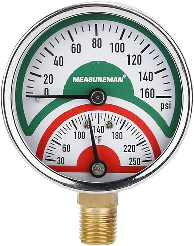 MEASUREMAN Tridicator, Thermo-Manometer, 2-1/2", Silicone Oil Filled, 0-160psi/30-250 deg F, Stainless Steel Case, 1/4"NPT Lower Mount Pressure Gauge in Saudi Arabia