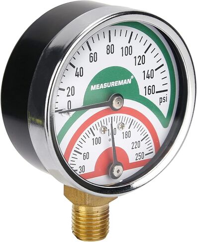 MEASUREMAN Tridicator, Thermo-Manometer, 2-1/2", Silicone Oil Filled, 0-160psi/30-250 deg F, Stainless Steel Case, 1/4"NPT Lower Mount Pressure Gauge in Saudi Arabia