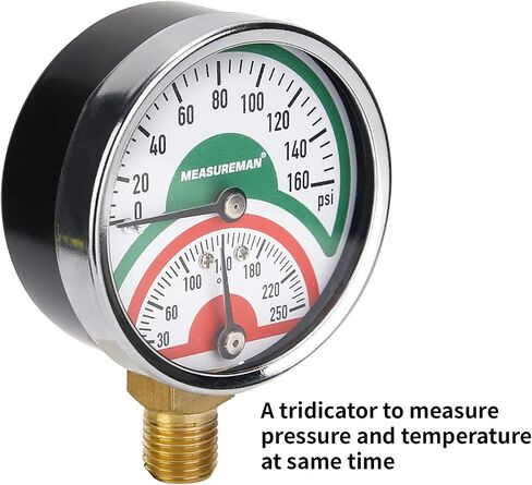 MEASUREMAN Tridicator, Thermo-Manometer, 2-1/2", Silicone Oil Filled, 0-160psi/30-250 deg F, Stainless Steel Case, 1/4"NPT Lower Mount Pressure Gauge in Saudi Arabia