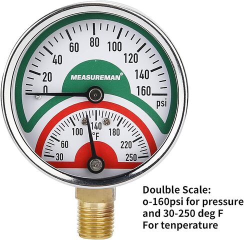 MEASUREMAN Tridicator, Thermo-Manometer, 2-1/2", Silicone Oil Filled, 0-160psi/30-250 deg F, Stainless Steel Case, 1/4"NPT Lower Mount Pressure Gauge in Saudi Arabia