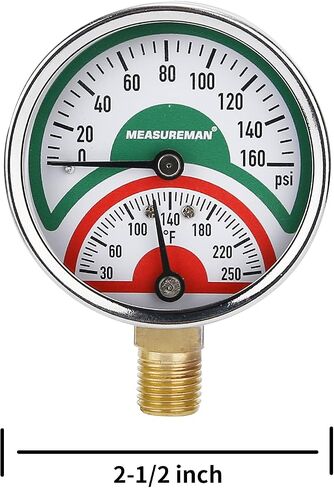 MEASUREMAN Tridicator, Thermo-Manometer, 2-1/2", Silicone Oil Filled, 0-160psi/30-250 deg F, Stainless Steel Case, 1/4"NPT Lower Mount Pressure Gauge in Saudi Arabia