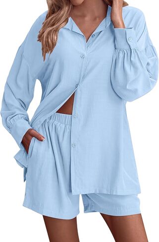 Ekouaer بيجامة نسائية مكونة من قطعتين طقم صالة متطابق كاجوال بأكمام طويلة وقميص وسروال قصير Pjs طقم ملابس نوم S-XXL in Kuwait