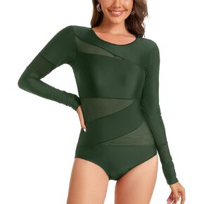 NESY Women Long Sleeve Swimsuits Tummy Control One Piece Swimwear V Neck Zipper Bathing Suit UV Protection