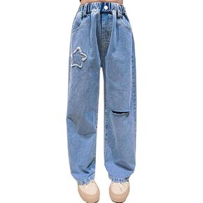 Milokado Girls Ripped Wide Leg Jeans Denim Elastic Baggy Kids Button Jeans Casual Pocket Pants Age 5-14