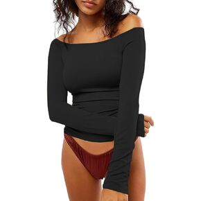 Women's Off The Shoulder Long Sleeve Y2K Tops Slim Fit Going Out Top Basic Tee Sexy Crop Tops