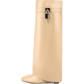Fold Over Knee High Boots for Women Pointy Pull-on Wedge Heel Knee Shark Boot With Side Zipper Covered Wedge Heel Padlock Boot in Kuwait