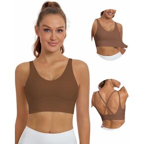 HORISUN Womens Ruched V-Neck Longline Sports Bra Racerback Paded Yoga Activewear Moisture Wicking Low Cut Crop Tank Top