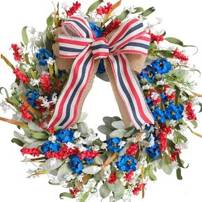 20 Inch Patriotic Red White Blue Flowers Wreath for Front Door, Forth of July Lamb Ears Leaves Wreath for Inside and Outside, Memorial Day Independence Day Burlap Bow Wreath for Home Decor