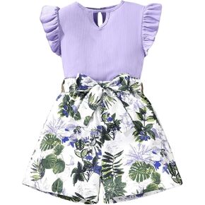 SHENHE Girl's 2 Piece Ribbed Ruffle Cap Sleeve Top and Belted Boho Shorts Set Summer Outfits