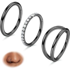 BodyBonita 3pcs Nose Rings Hoops - 316L Surgical Steel Double Hoop Nose Rings 16G/18G/20G Hinged CZ Conch Piercing Jewelry Septum Clicker Lip Rings Cartilage Earring Helix Rook Tragus Daith 7mm/8mm/9mm/10mm