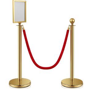 Ferraycle 2 Stainless Steel Crowd Control Stanchion and Velvet Ropes 5 ft Red Carpet Ropes and Poles Hollow Base Crowd Control Barriers Red Velvet Ropes and Posts with Stanchion Sign Holder (Gold)