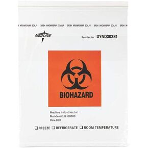Medline Biohazard Specimen Bags, Plastic Zip-Style, Clear, Not Made From Natural Rubber Latex, 12" x 15", Pack of 100