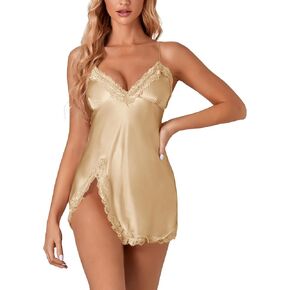 Rooscier Women's Lace Satin Slip Split Spaghetti Strap Nightwear Sexy Party Mini Dress