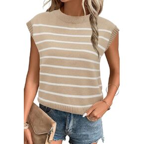 Arach&Cloz Womens Spring Summer 2024 Sweater Vest Cap Sleeve Crew Neck Striped Fashion Casual Sleeveless Cropped Tops Clothes in Kuwait