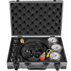 GK-01 Hydraulic Nitrogen Pressure Gauge Test Kit, Nitrogen Accumulator Gas Charging Tools, Nitrogen Inflation Kit, 0-400 BAR/6000 PSI, w/ 7 Couplings, 3 Pressure Gauges 1 Gas Hose, 1 Main Valve Body