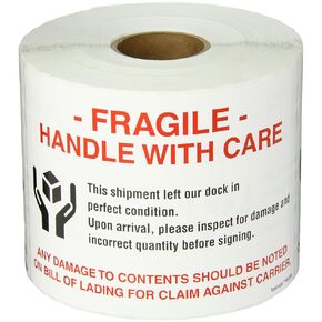 Tape Logic Aviditi Tape Logic 4" x 6","Fragile Handle with Care" Red/White/Black Warning Sticker, for Shipping, Handling and Packing (1 Roll of 500 Labels)
