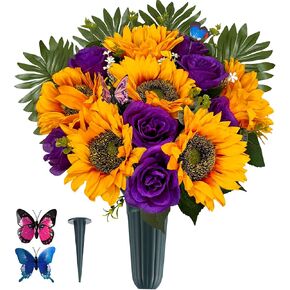 SUHOOKOO Cemetery Flowers with Vase for Grave Decor, Silk Sunflower Rose Headstone Flower,Tombstone Flower - Bright and Colorfast,Purple/Yellow