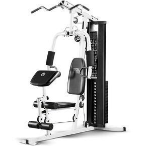 Marcy Dual Functioning Body Fitness Workout 150 Pound Stack Home Gym System with Adjustable Preacher Curler Pad and Overhead Lat Station, White/Black