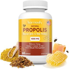 Bee Pollen Propolis Royal Jelly Extract with Carob, Pure Immune Support Supplement, Gluten-Free, Vegetarian Capsules, 1000 mg