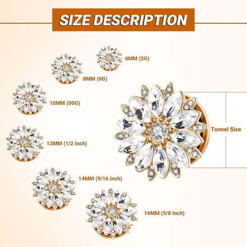 مقاييس الأنفاق من Lieson، مجموعة نفق من الفولاذ المقاوم للصدأ مكونة من قطعتين على شكل زهرة مع مقاييس أذن مكعبة من الزركونيا 00 جرام مجوهرات ثقب الأذن in Kuwait