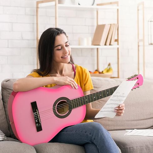 غيتار صوتي مقاس 38 بوصة من Moukey للمبتدئين البالغين في سن المراهقة جيتار Acustica مع ملصق وتر، وحقيبة أزعج، وموالف، ولقطات، وأوتار نايلون، وكابو، وحزام - وردي in Kuwait