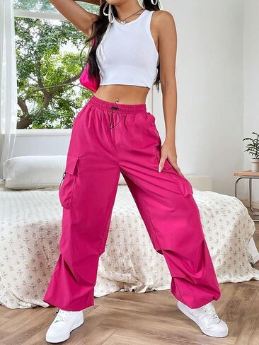 سراويل فضفاضة للسيدات من SweatyRocks ذات خصر مطاطي برباط كاجوال وجيب بغطاء قلاب in Kuwait