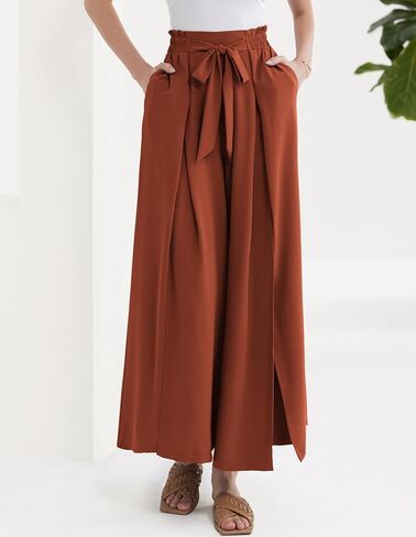 GRACE KARIN بنطال نسائي واسع الساق مع جيوب خفيف الوزن عالي الخصر وعقدة عنق Caual فضفاض سبليت فلوي بالازو بنطلون in Kuwait