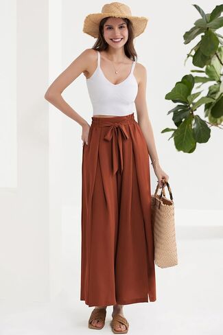 GRACE KARIN بنطال نسائي واسع الساق مع جيوب خفيف الوزن عالي الخصر وعقدة عنق Caual فضفاض سبليت فلوي بالازو بنطلون in Kuwait