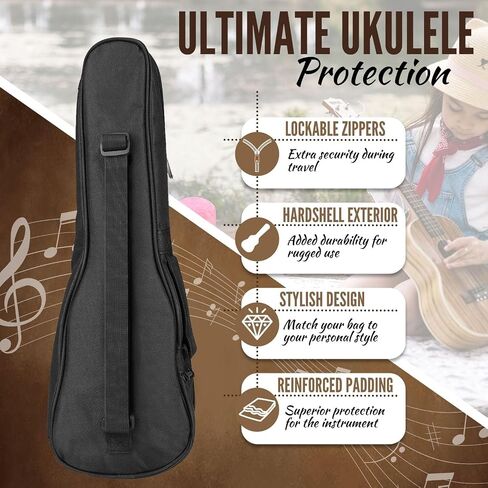 Flexzion Ukulele Case Bag - Ukulele 23 Inch Concert Backpack Soft Case - Waterproof Uke Gig Bag with Carrying Handle, Pocket & Adjustable Shoulder Strap, Black in Saudi Arabia