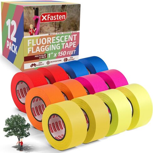 XFasten Fluorescent Flagging Tape Assorted Colors 12-Pack Colorfast Survey Tape (Orange Green Blue Red Pink Yellow) Non-adhesive Tree Marking Ribbon Tape 1" x 150-Feet (1,800 Feet Total) in Saudi Arabia