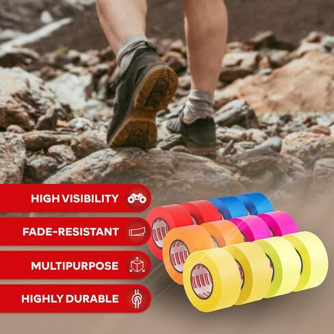 XFasten Fluorescent Flagging Tape Assorted Colors 12-Pack Colorfast Survey Tape (Orange Green Blue Red Pink Yellow) Non-adhesive Tree Marking Ribbon Tape 1" x 150-Feet (1,800 Feet Total) in Saudi Arabia