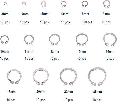 225 قطعة من حلقة المفاجئة الخارجية المصنوعة من الفولاذ المقاوم للصدأ 304، 15 مقاسًا مجموعة متنوعة من الحلقات الدائرية (8 مم - 25 مم) in Kuwait