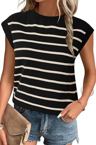 Arach&Cloz Womens Spring Summer 2024 Sweater Vest Cap Sleeve Crew Neck Striped Fashion Casual Sleeveless Cropped Tops Clothes in Saudi Arabia