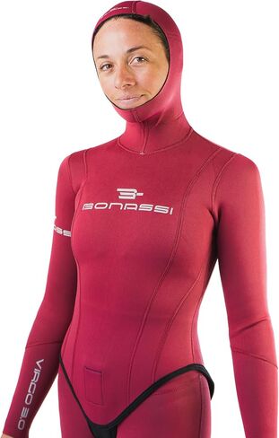 Bonassi Virgo 3mm Women's Neoprene Freediving and Spearfishing Wetsuit - 2-pcs with Jacket & Pants and Knee Pad Protection - Color Red Wine - Designed in Italy in Saudi Arabia