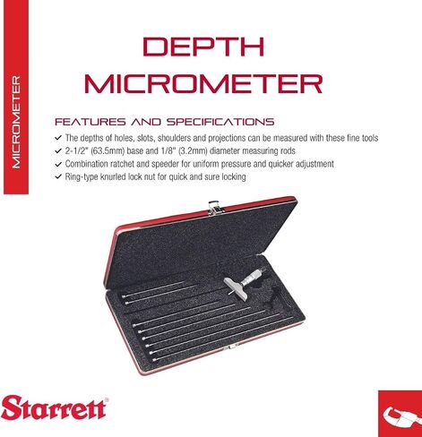 Starrett Micrometer Depth Gage with Ring-Type Knurled Lock Nut, Combination Ratchet and Speeder - Quick and Easy Adjustment, 0-9" Range, 001" Graduations - 440Z-9L in Saudi Arabia