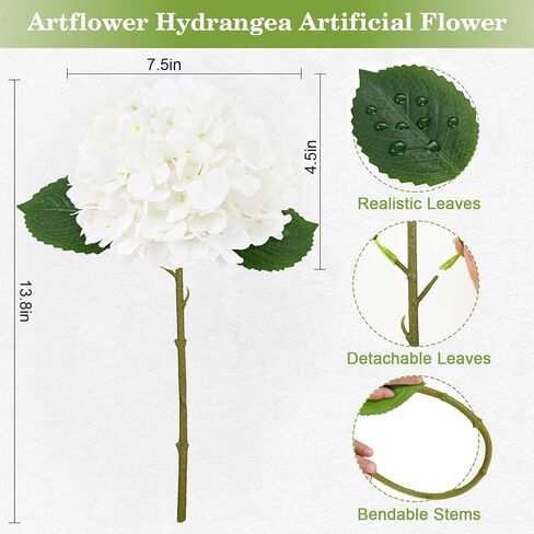 Artflower 9 Pcs Hydrangea Artificial Flowers with Leaves, White Silk Full Faux Hydrangea Flowers for Home Floral Arrangements Wedding Bouquets Kitchen Table Centerpiece Decorations in Saudi Arabia