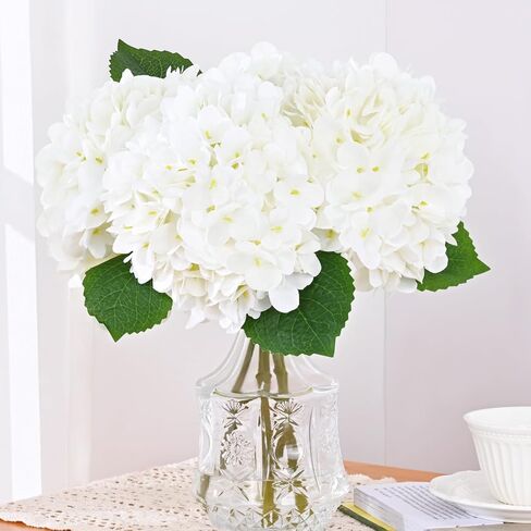 Artflower 9 Pcs Hydrangea Artificial Flowers with Leaves, White Silk Full Faux Hydrangea Flowers for Home Floral Arrangements Wedding Bouquets Kitchen Table Centerpiece Decorations in Saudi Arabia
