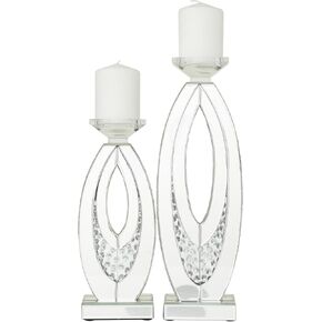 Deco 79 Glass Pillar Candle Holder with Mirrored Accents and Crystals, Set of 2 17", 13" H, Silver